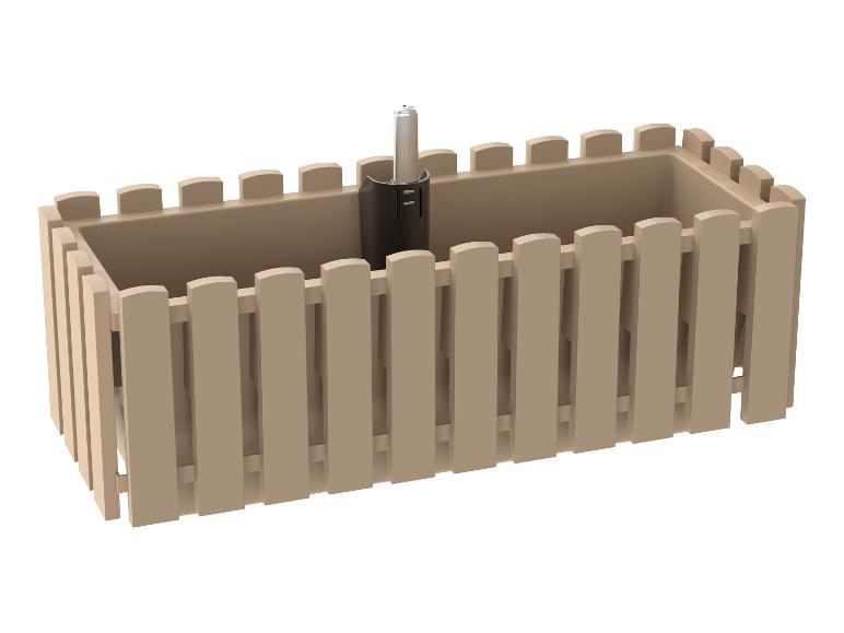 Beiges rechteckiges Pflanzgefäß mit integriertem Bewässerungssystem.