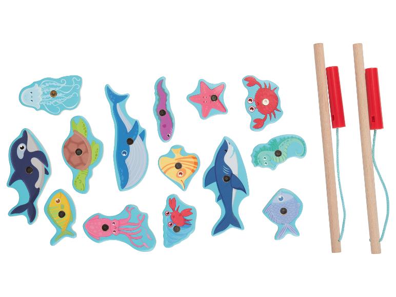 Hölzernes Angelspiel mit Fischen, Hai, Krabbe und anderen Meeresbewohnern.