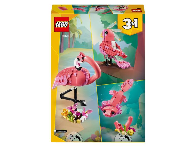 LEGO Creator 3-in-1 Box mit Flamingo-, Papageien- und Axolotl-Modellen.
