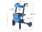 Blauer Rollator mit Sitz, Tasche und 20 cm Rädern.