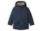 Dunkelblaue Kinder-Parka-Jacke mit Kunstfell gefütterter Kapuze.