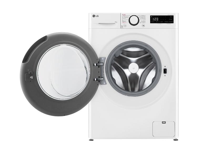 Weiße LG Waschmaschine mit offener Tür und digitalem Display.