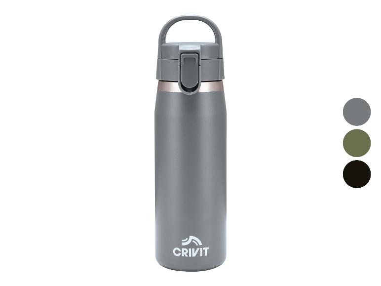 Graue Thermosflasche mit Klappdeckel und Griff, mit Farbmustern rechts.