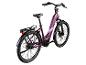 Lila E-Bike mit Gepäckträger und Schutzblechen, Dreiviertel-Rückansicht.