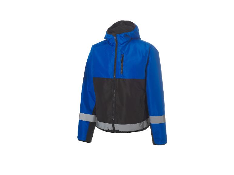 Blaue und schwarze Regenjacke mit reflektierenden Streifen