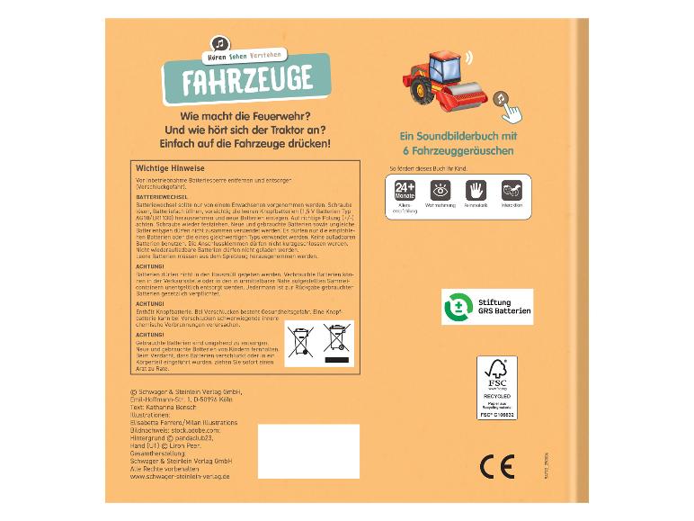 Kinder-Soundbuch mit Fahrzeugbildern und Geräuschen, das Wahrnehmung und Feinmotorik fördert.