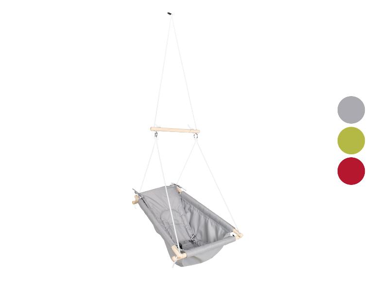 Hängende Babyschaukel in Grau mit Holzstange und Farboptionen.