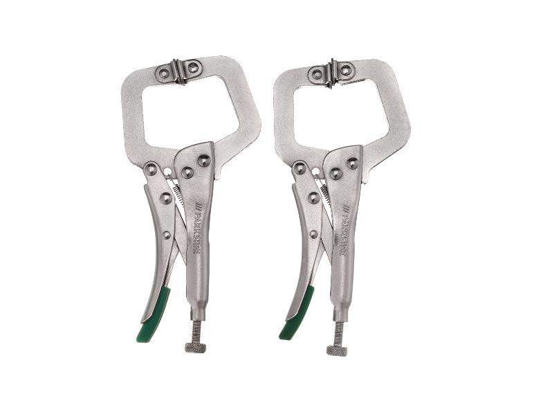 Zwei silberne Parkside Zangen mit grünen Griffen.