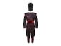 Schwarzes Ninja-Kostüm mit roten Drachendetails und Maske.