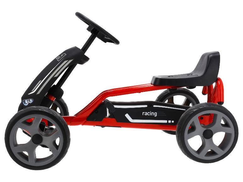 Rotes und schwarzes Kinder-Tret-Gokart mit „racing“-Schriftzug.