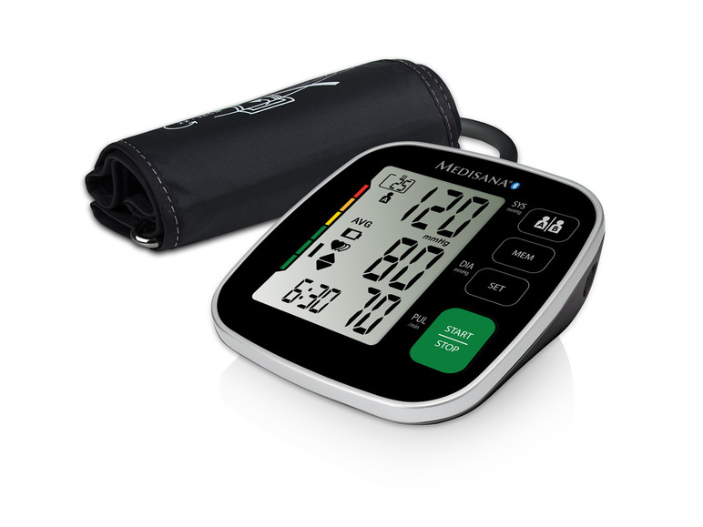 Ein Medisana Blutdruckmessgerät mit digitalem Display, Manschette und Startknopf.
