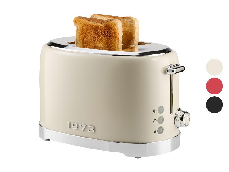 Cremefarbener Retro-Toaster mit zwei Toastscheiben, zeigt Farboptionen: Creme, Rot, Schwarz.