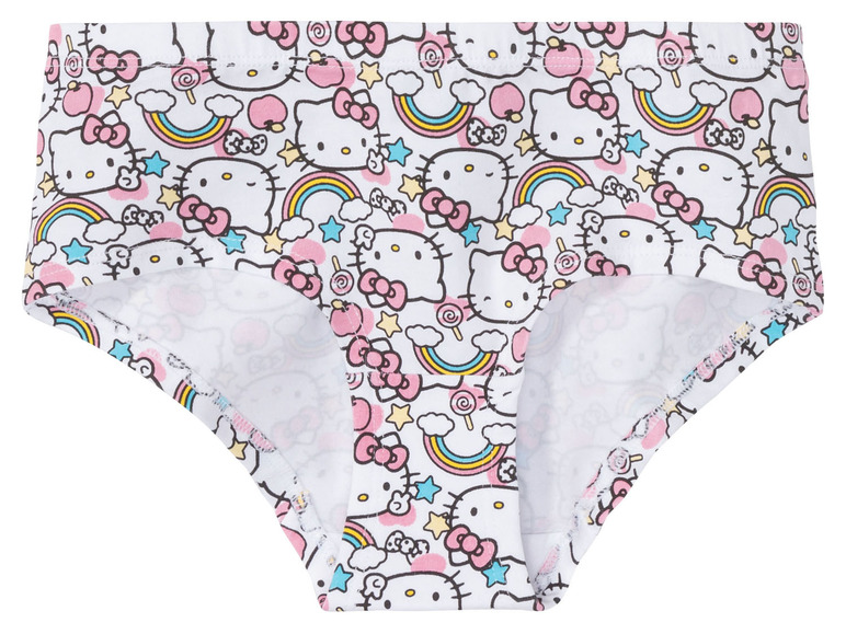 Weiße Hello Kitty Unterhose mit Regenbogen und Sternen.