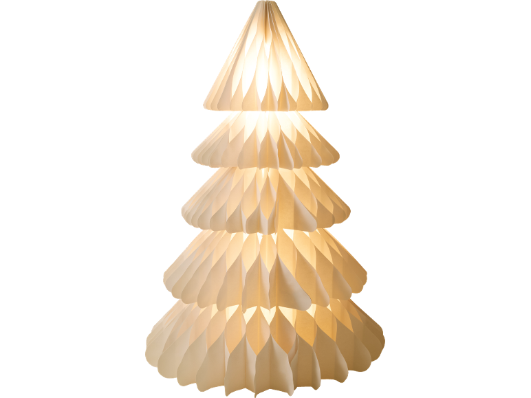 Beleuchtete Tannenbaum-Lampe aus Papier auf schwarzem Hintergrund