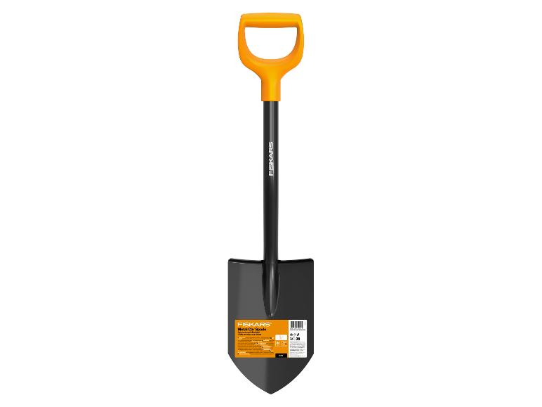 Schwarze Schaufel mit orangefarbenem D-Griff und Produktinformationen.