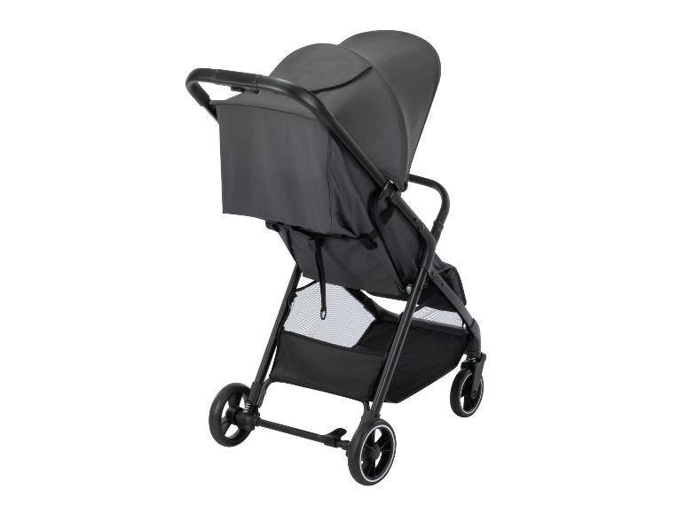 Grauer Kinderwagen mit schwarzem Gestell und Rädern, Rückansicht