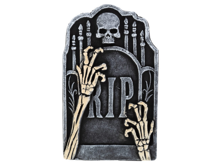 Halloween-Grabstein mit Totenkopf, Skeletthänden und dem Text „RIP“.