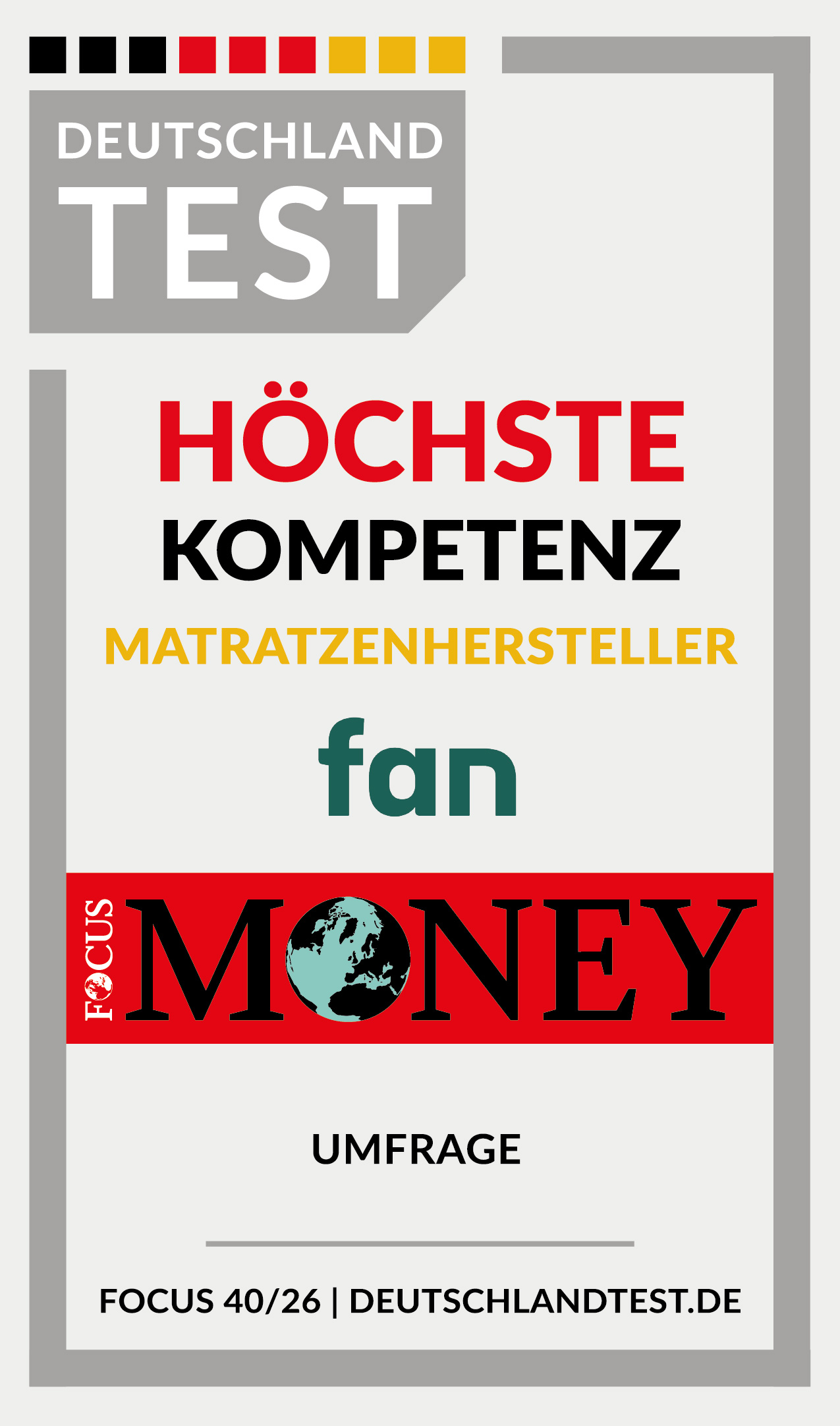 Gütesiegel mit der Aufschrift 'Höchste Kompetenz, Matratzenhersteller'.