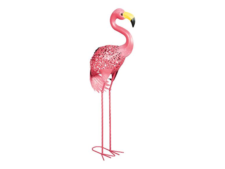 Rosafarbene Metall-Flamingo-Skulptur mit durchbrochenem Muster.