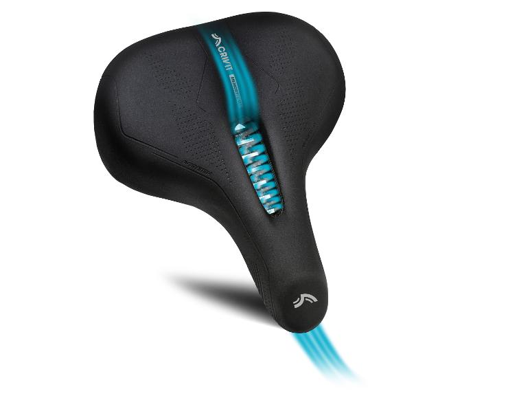 Schwarzer Fahrradsattel mit blauem Einsatz und Schriftzug