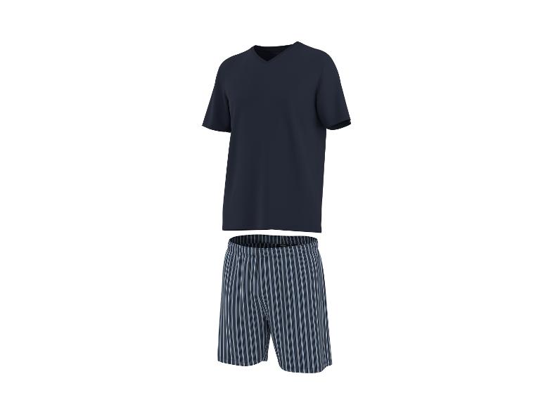 Herren-Pyjama mit marineblauem Kurzarm-T-Shirt und gestreiften Shorts.