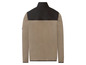 Beige Fleecejacke mit schwarzen Details.