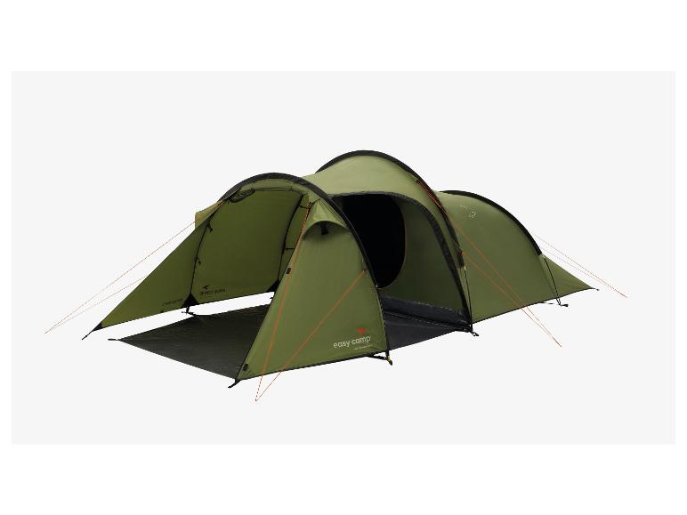 Ein grünes Easy Camp Zelt mit orangefarbenen Details