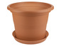 Ein Terrakotta-Blumentopf mit Untersetzer