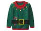 Grüner Weihnachtspullover im Elfen-Design, mit rotem Zackenkragen und schwarzem Gürtel mit goldener Schnalle.