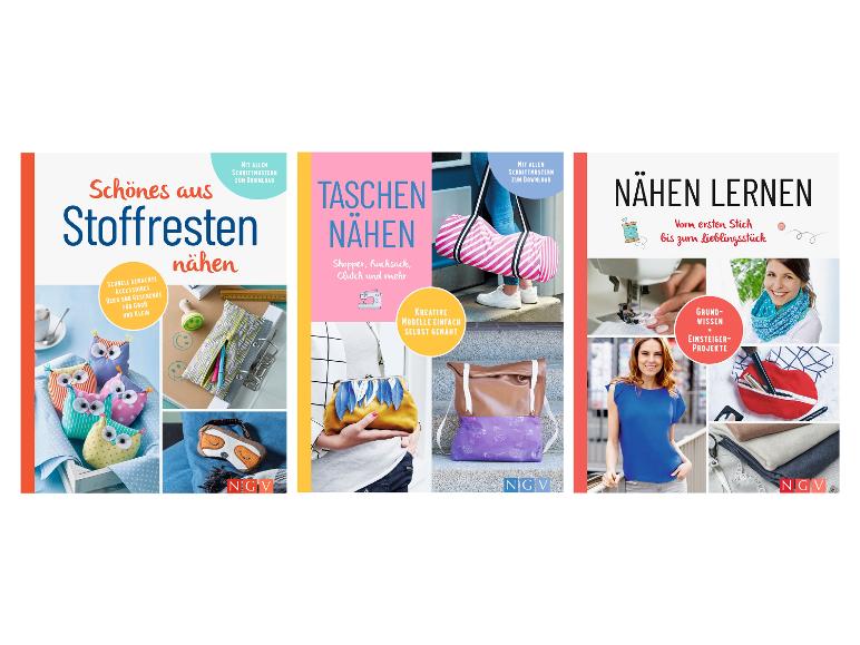 Bücher zum Thema Nähen: Taschen, Nähen lernen und Projekte mit Stofffresten.