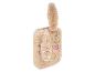 Beige flauschige Hasenhandtasche mit Ohren und rosa Details.
