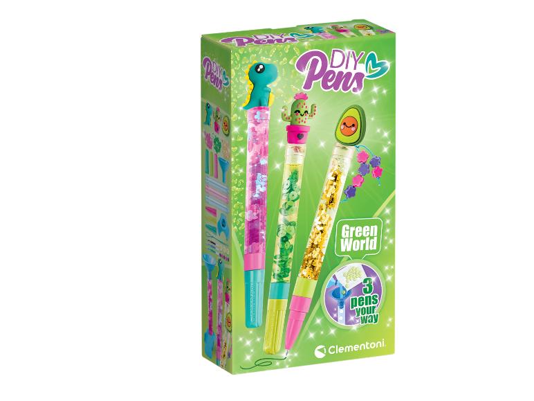 DIY-Stifte-Set mit 3 Stiften, „Green World“-Thema mit Glitzer und Dinosaurier-, Kaktus-, Avocado-Dekorationen.