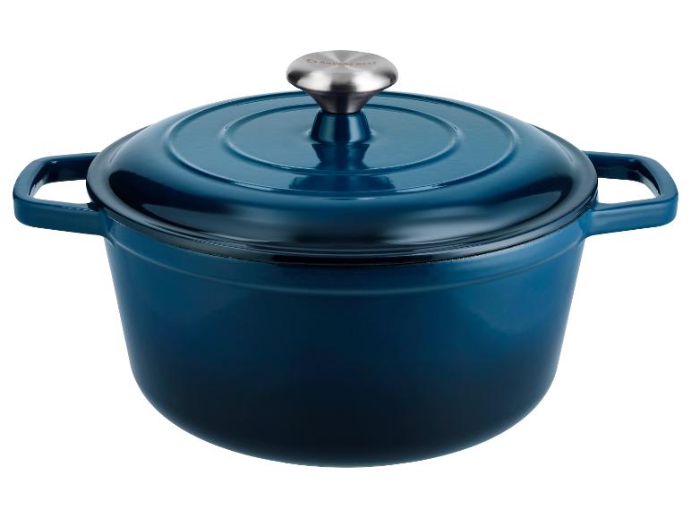 Blauer emaillierter Gusseisen-Topf mit Deckel und silbernem Knauf.