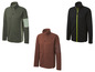 Drei Herrenjacken mit Reißverschluss: Schwarz mit gelben Akzenten, dunkelgrün mit hellgrün und Braun mit braunem Leder.