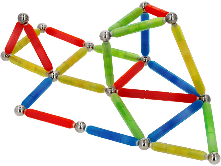 Bunte magnetische Baustäbe und Kugeln bilden eine komplexe geometrische Struktur.