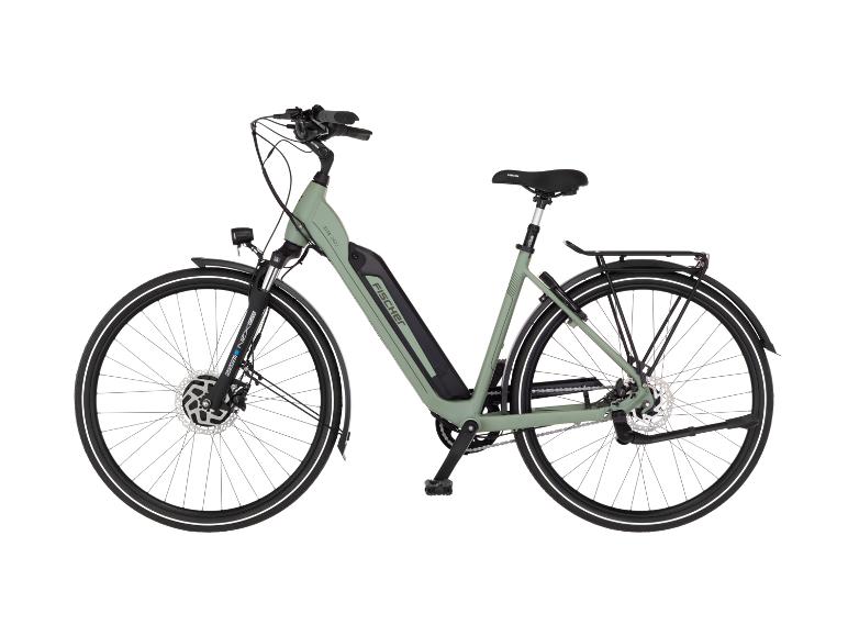Hellgrünes E-Citybike mit integriertem Akku und Gepäckträger.
