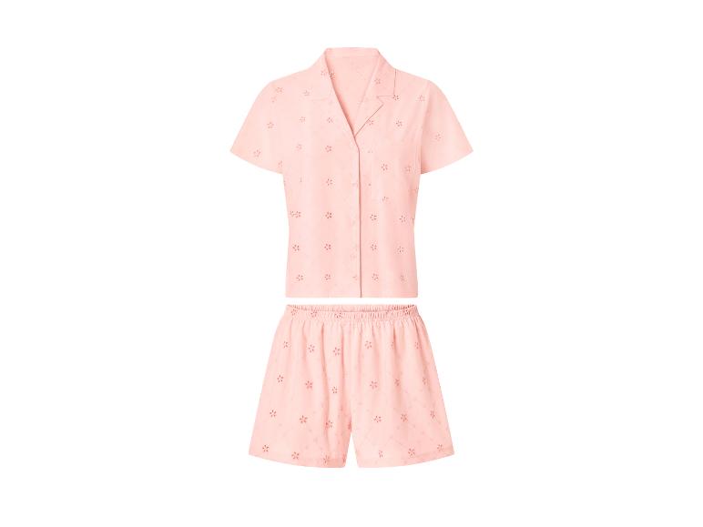 Zweiteiliger rosa Damenpyjama mit Blumenstickerei, bestehend aus Kurzarmhemd und Shorts.