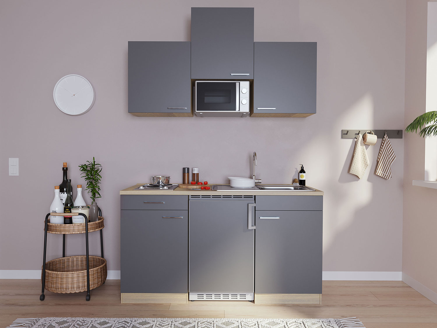 Respekta Singleküche Eiche Sonoma Sägerau 150/160/180cm (mit Mikrowelle, grau mit Kochmulde, Breite 150cm) | 04260344973972