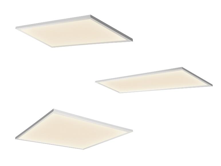 Drei weiße, rechteckige LED-Panel-Leuchten auf weißem Hintergrund.