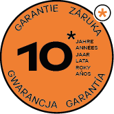 Oranges Siegel mit dem Text „10 Jahre Garantie“ in mehreren Sprachen.