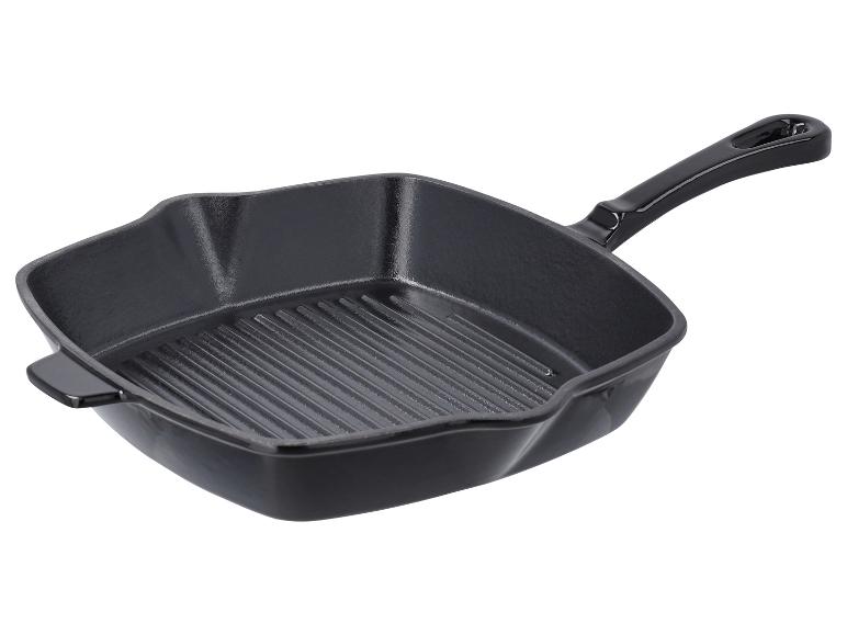Schwarze quadratische Grillpfanne aus Gusseisen.