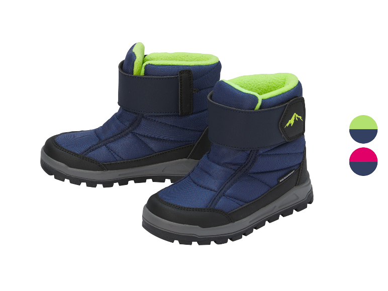 Blaue Kinder-Winterstiefel mit grünem Futter und Klettverschluss, in zwei Farben erhältlich.