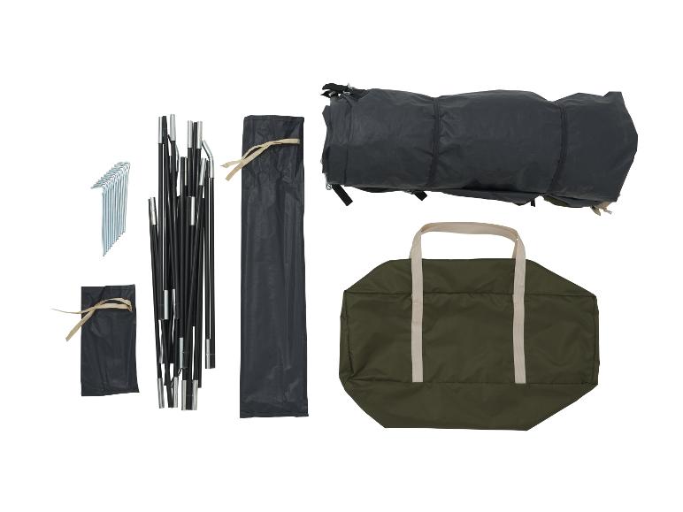 Zeltkomponenten: gerolltes Zelt, Stangen, Heringe und Tragetaschen.