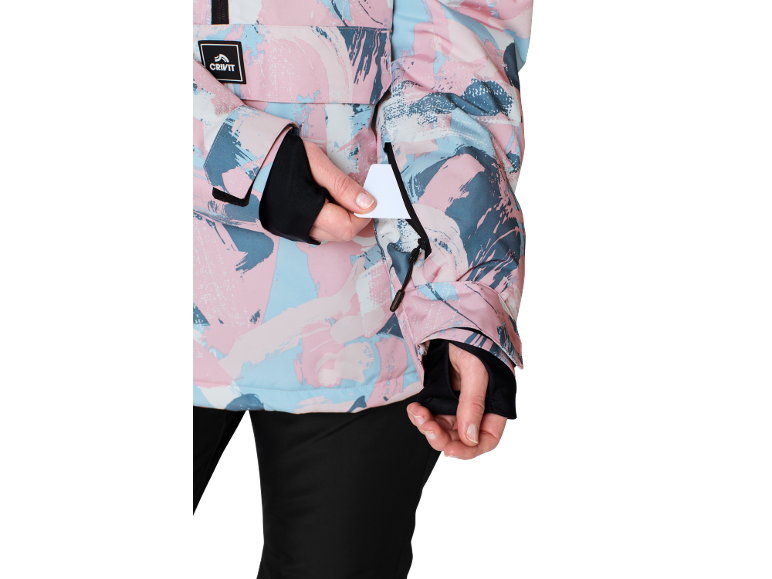 Damen-Skijacke mit abstraktem Muster und Ärmeltasche.