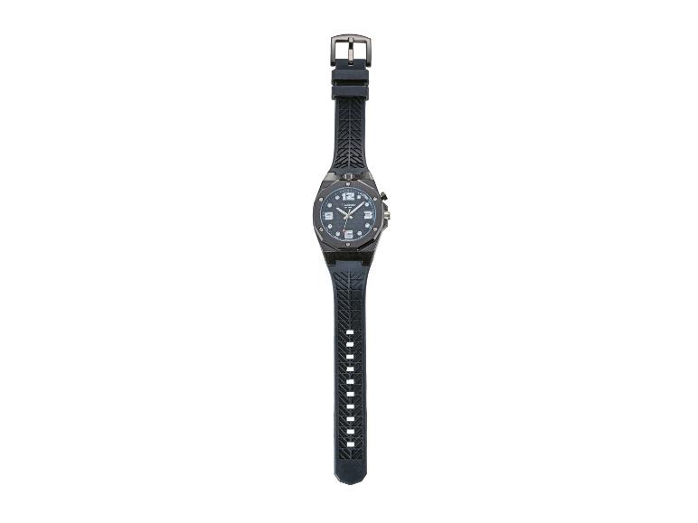 Schwarze Herrenuhr mit dunkelblauem Zifferblatt und Kautschukarmband.