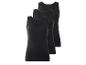Drei schwarze Damen-Tanktops, diagonal auf weißem Hintergrund angeordnet.