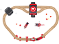 Holzeisenbahn-Set mit Feuerwehr-Thema, inklusive Zug, Hubschrauber und Feuerwehrauto.
