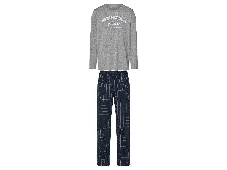 Langärmliger Pyjama mit grauem Oberteil und blau-karierter Hose.