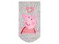 Graue Socke mit rosa Schweinchen und Herz.