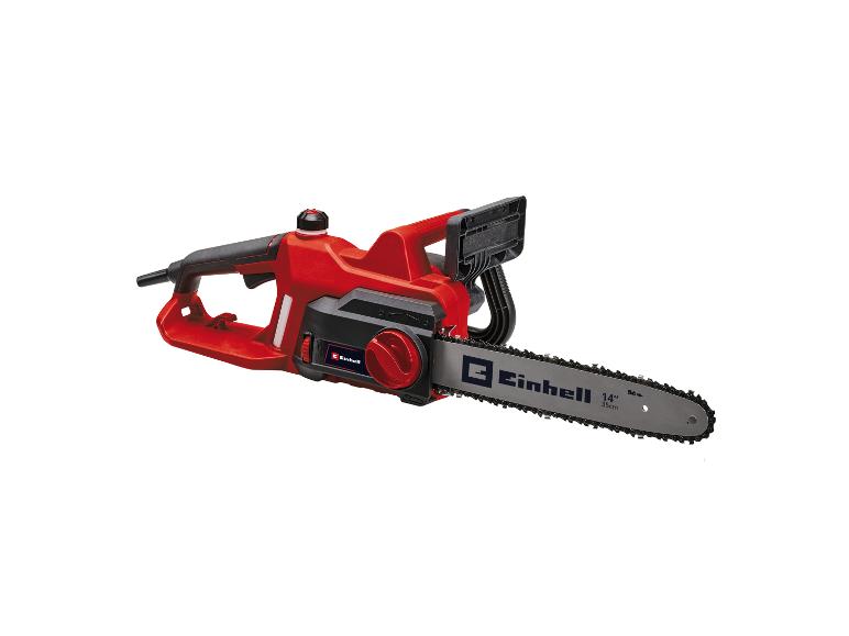 Rote und schwarze Elektrokettensäge mit einem 14 Zoll (35 cm) Schwert.
